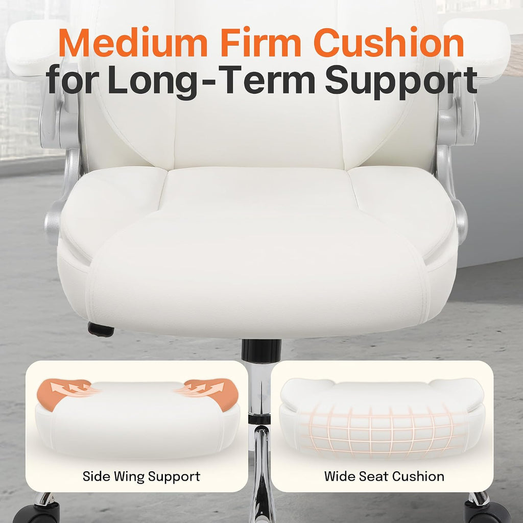 NEO CHAIR Office Desk Gaming Computer Home Chair Ergonomic Executive High Back Support Flip-up Arms Adjustable Height Swivel Rolling Wheels Comfy PU Leather (White)