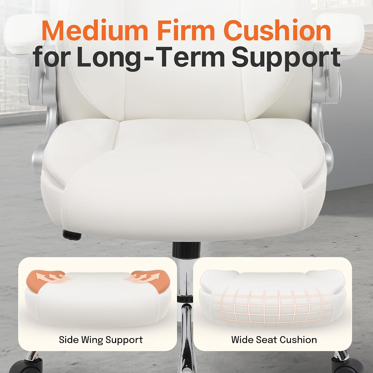 NEO CHAIR Office Desk Gaming Computer Home Chair Ergonomic Executive High Back Support Flip-up Arms Adjustable Height Swivel Rolling Wheels Comfy PU Leather (White)