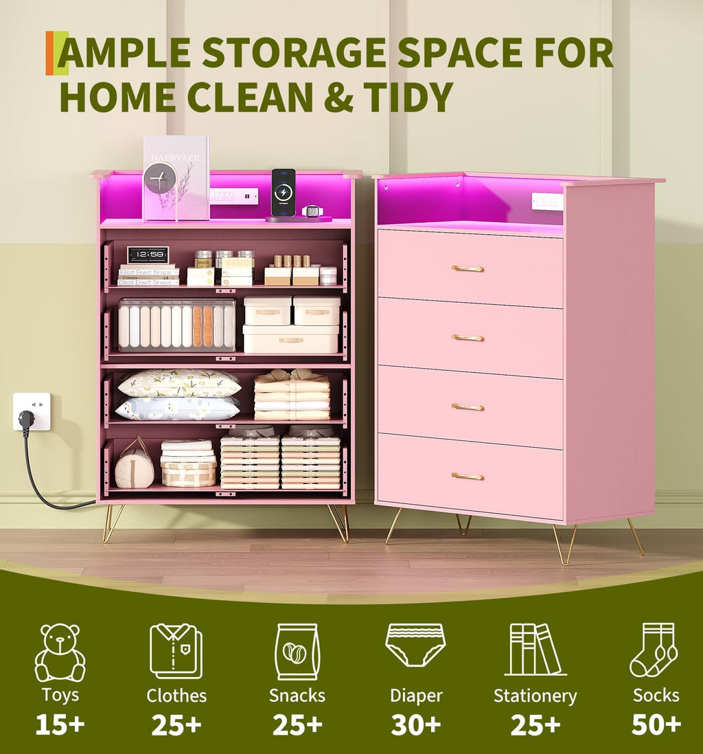 Jojoka 4 Drawer Dresser with RGB LED Light & Charging Station - Modern Chest of Drawers with App Control - Tall Wooden Dressers Chest, Closet for Bedroom, Living Room, Entryway, Hallway – Rose