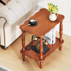 Solid Wood End Table Living Room - 23.6" H Small Narrow Rectangle Wooden End Table for Small Spaces, Dark Real Brown Solid Wood Vintage Antique Side Bedside Table Nightstand with 2-Tier Storage