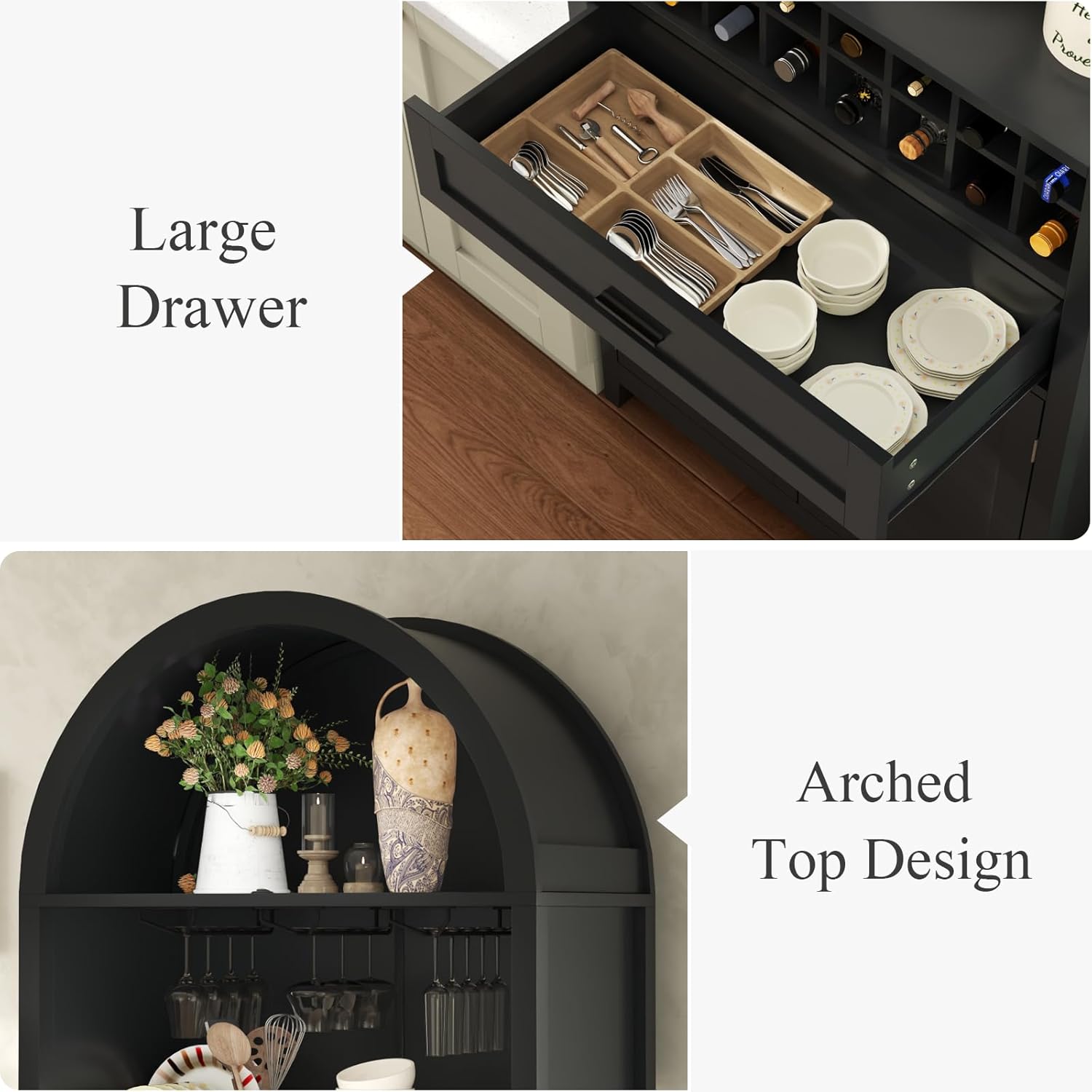 Loomie 75.7" Tall Arched Wine Cabinet, Modern Bar Cabinets with Glass Holders & Wine Rack, Liquor Cabinet for Home, Kitchen Pantry W/Drawer & Shelves, Versatile Cupboard for Dining Room (Black)