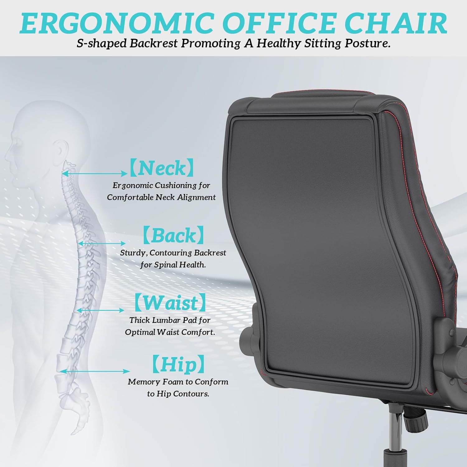 GYI Office Chair, Ergonomic Computer Desk Chair, Leather Executive Office Chair with High Back, Lumbar Support, Flip-up Arms, Wide and Thick Padded Seat, Heavy Duty Base, Rubber Wheels, Black