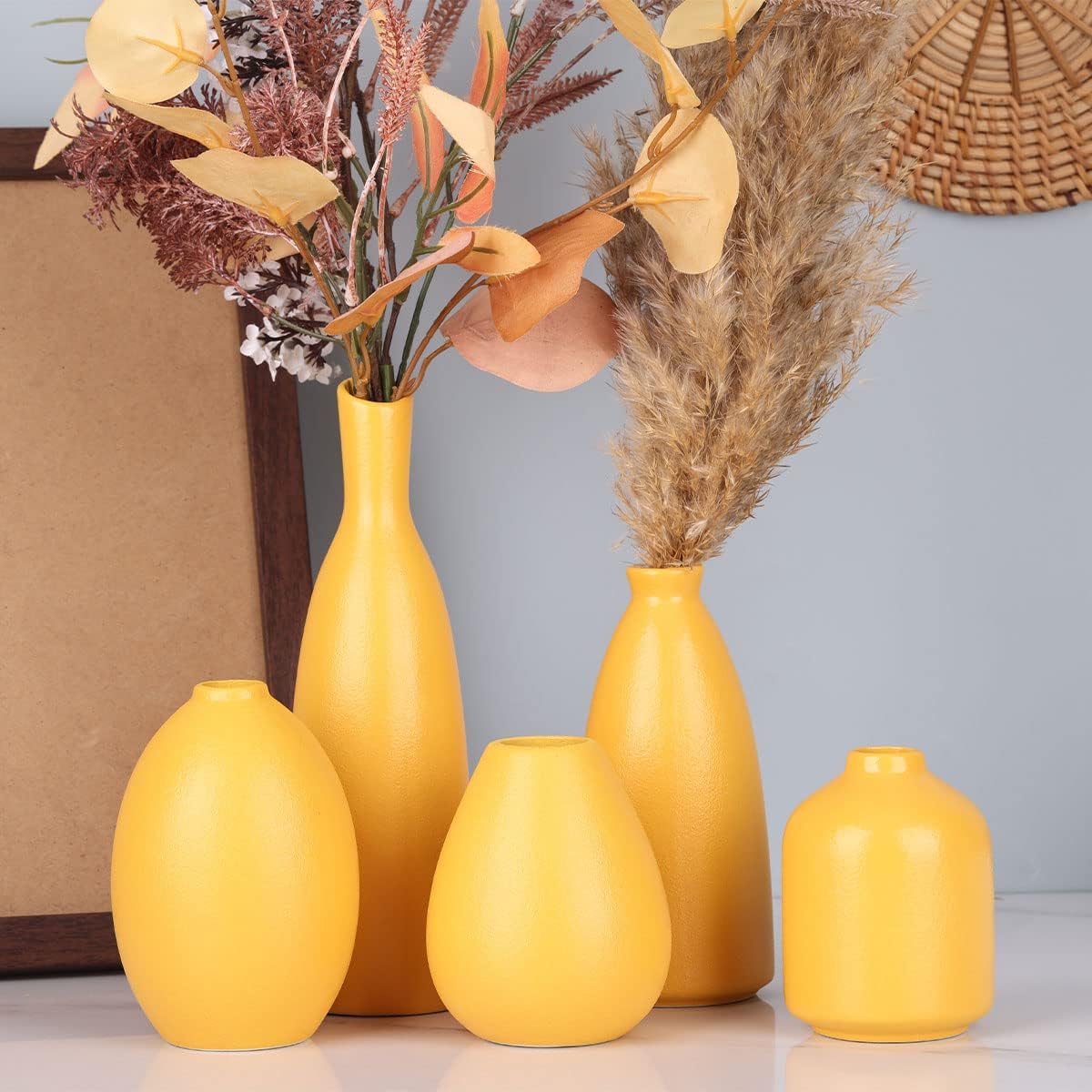 Yellow Ceramic Bud Vases Set of 5, Farmhouse & Fireplace Decor, Multipurpose Home Decoration for Living Room, Entrance, Bathroom, Kitchen & Office, Coffee Table Decor, Bulk Bud Vases