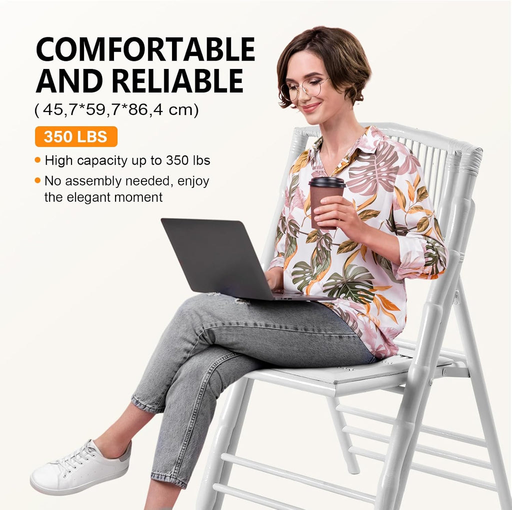 VINGLI Bamboo Folding Chair, Foldable Dining Wood Chairs Comfortable Seat for Outdoor & Indoor, Patio, Porch, Wedding, Party, Event,White (4 Pack)
