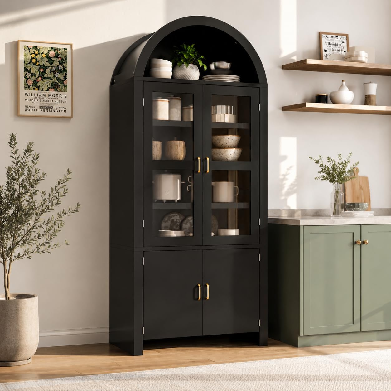 71" Tall Arched Kitchen Pantry Cabinet, Modern Farmhouse Wood Kitchens Storage Cabinets, Cupboard for Dining Room, Kitchen, Bathroom, Black