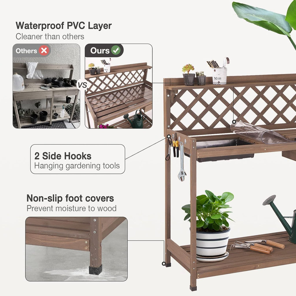 Potting Bench Potting Table Potting Benches for Outside 44 Inch Fir Wood Garden Potting Station Garden Table PVC Layer Storage Shelf Sink Drawer Hooks
