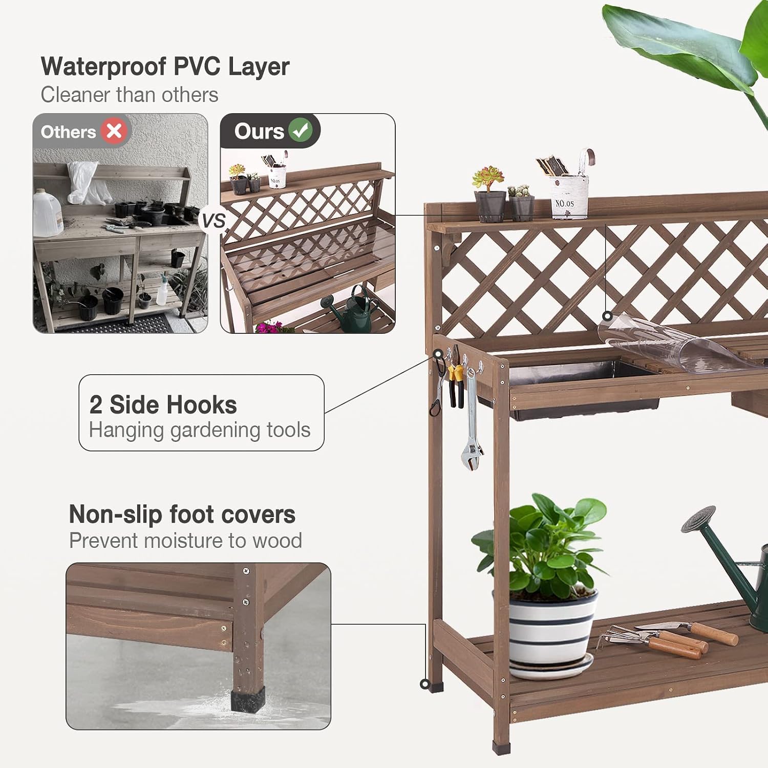 Potting Bench Potting Table Potting Benches for Outside 44 Inch Fir Wood Garden Potting Station Garden Table PVC Layer Storage Shelf Sink Drawer Hooks