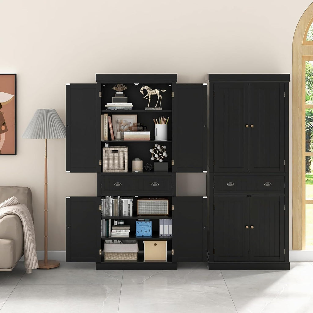 72" Kitchen Pantry Cabinet, Kitchen Cupboard with 2 Double-Doors Cabinet, Large Drawer, 4 Adjustable Shelves, Traditional Tall Storage Cabinets for Dining Room, Bathroom. Black