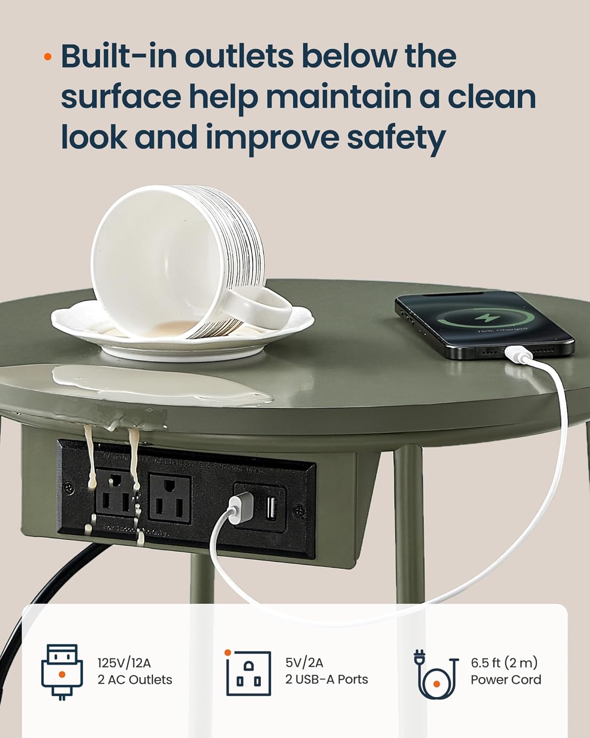 SONGMIC HOME Round Side End Table, Nightstand with Charging Station and Fabric Basket, for Living Room, Green and White