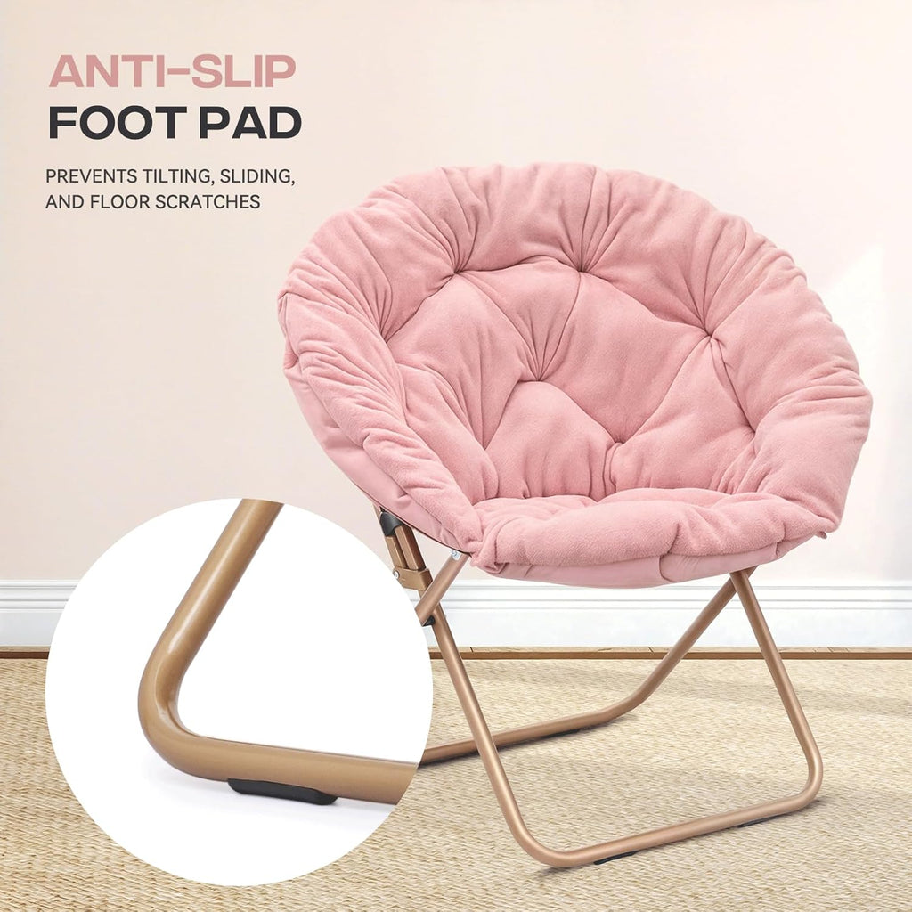 Cozy Saucer Chair, Living Room Chair, Faux Fur Soft Thick Padded Folding Chair, Comfortable Moon Chair for Living Room, Bedroom, Reading Nook, Modern Style, Pink