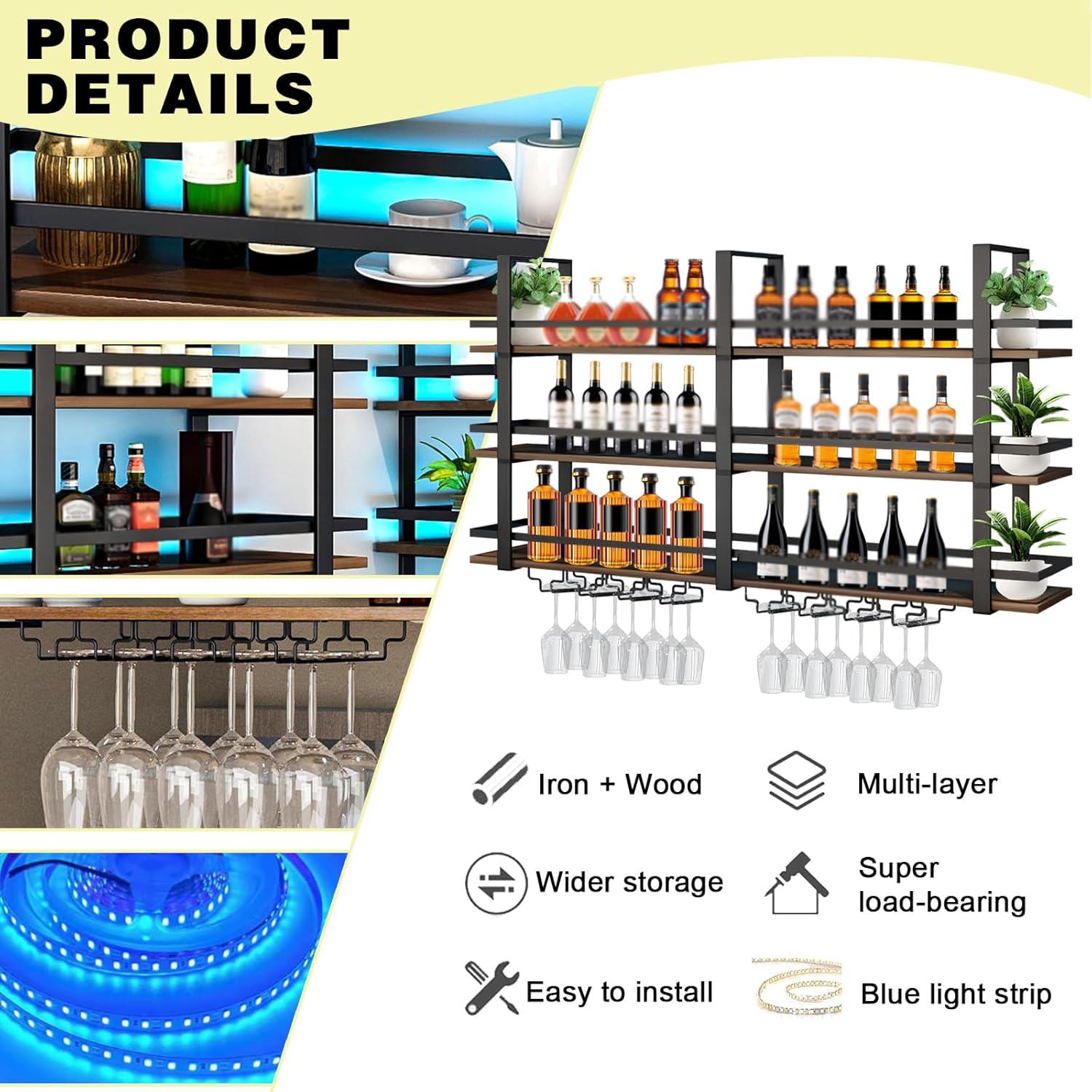 Wine Rack Wall Mounted with LED Lights, 3 Tier Metal Liquor Floating Display Shelves, with Wine Glass Rack, Iron & Wood Industrial Wall Wine Rack, for Bar, Kitchen, Cafe (Black, 39.4in)