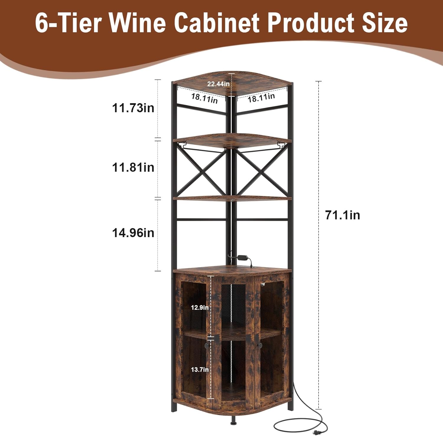 Wine Bar Cabinet with Power Outlet, 6-Tiers Industrial Wine Cabinet with LED Light and Glass Holder, Corner Wine Cabinet with Adjustable Shelf, Liquor Cabinet Bar for Christmas