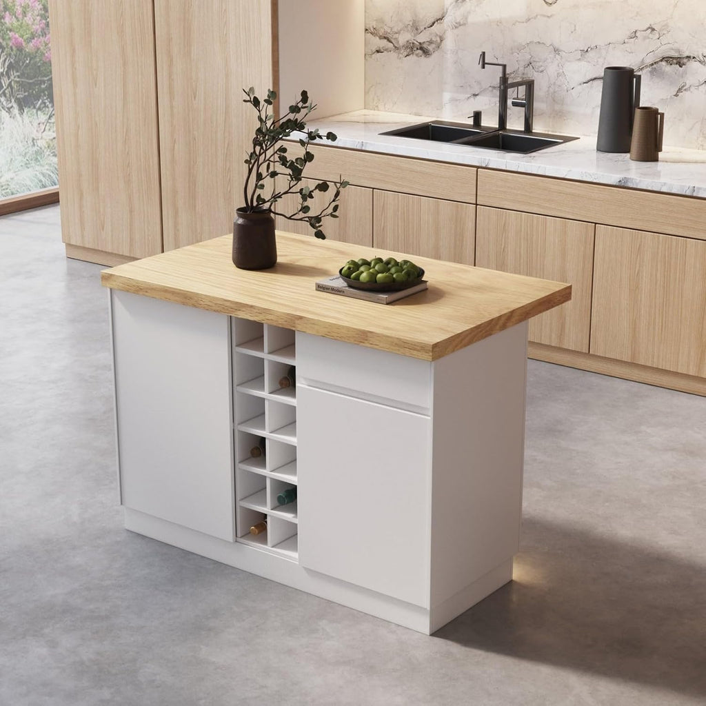 homary Kitchen Island with Storage & LED, 50" White Wood Islands with Wine Rack, Drawers & Shelves, Modern Kitchen Table for Dining Room, Prep & Gatherings, Without Chair