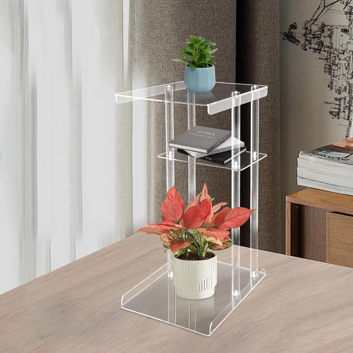 Acrylic Side Table Clear End Tables C Shaped Plant Stand 3 Tiers Small Snack Coffee Table, Perfect for Small Spaces, Suitable for Potted Plants and Decor