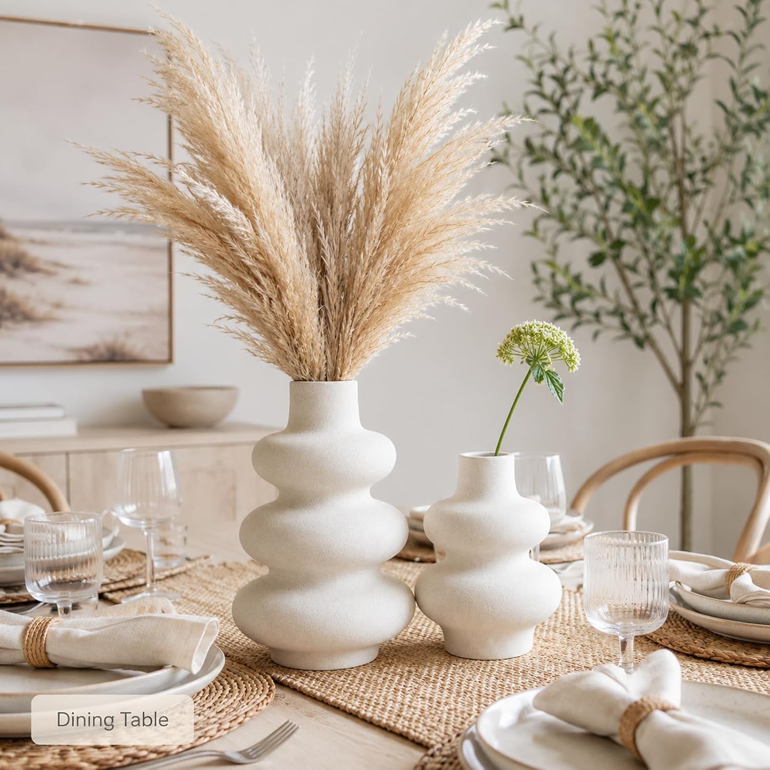 Ceramic Vase Set, Modern White Vases for Living Room Decor | Set of 2 off white ceramic round vases styles pampas, dried stems or empty display for modern neutral decor.