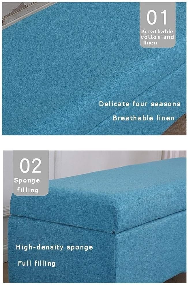 Linen Fabric Footstool Storage Upholstered Ottoman Pouffe Stool Change Shoe Footrest Wooden Legs for Living Room Bedroom Light Blue (120 * 40 * 42cm) (Color : Beige, Size : 120 * 40 * 42cm)