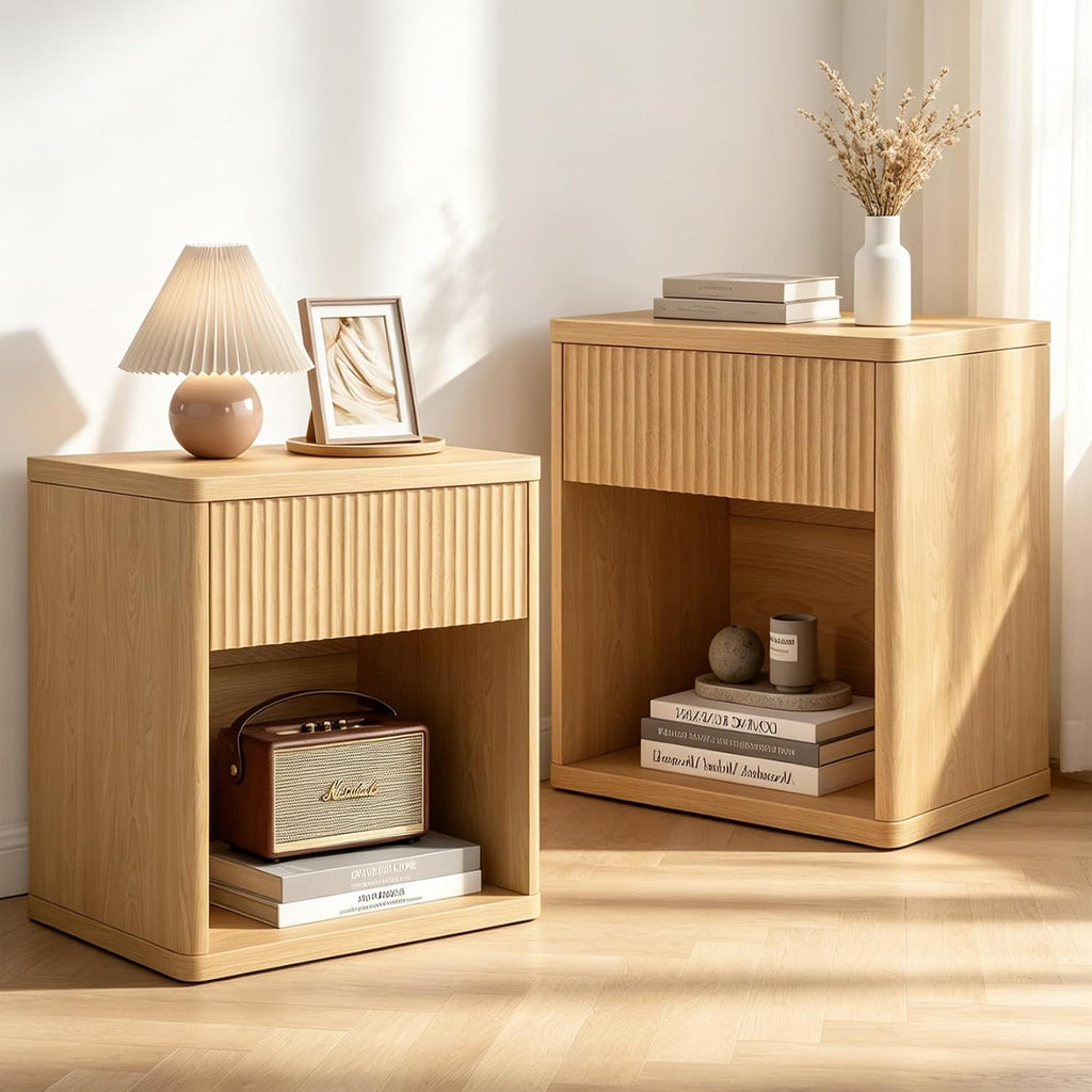 LubanNese Fluted Nightstands Set of 2 with Drawer, Modern Night Stand 23" W, Bedside Table with Storage Open Shelf, Mid Century Large Wide Wood End Table for Bedroom, Natural