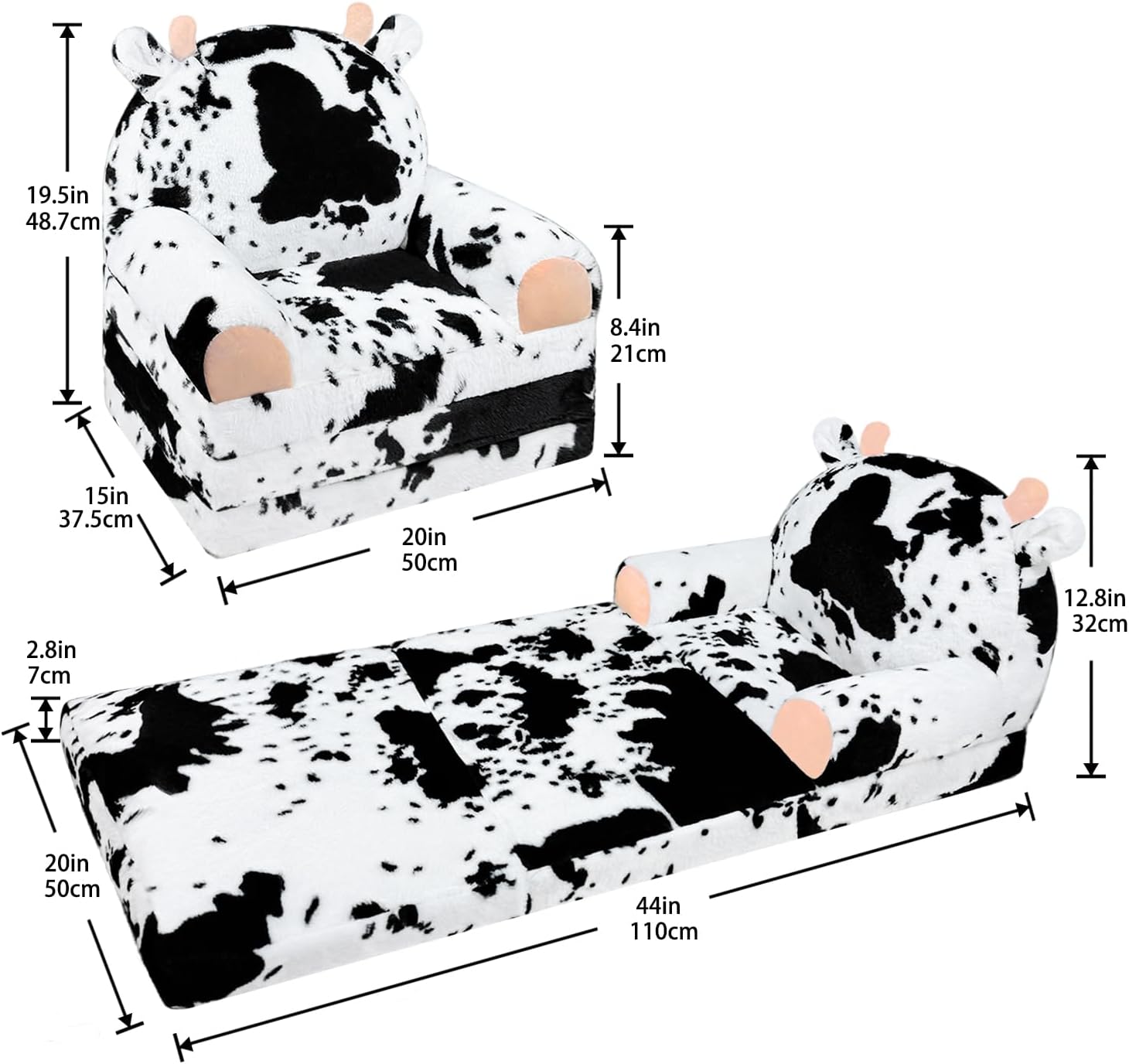 QIUODO Toddler Chair with Faux Rabbit Fur – 2-in-1 Foldable Kids Couch, Soft Sofa for Reading, Bedroom or Playroom Use, Ages 1-3（Cow）