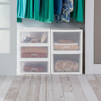 Sterilite 4-Pack Stacking Drawer, Clear Storage Organizer Containers, 27 Quart, White Frame - Stackable and Modular Plastic Drawers for Shoes, Clothes, Accessories, Supplies, Bedding, and Linens