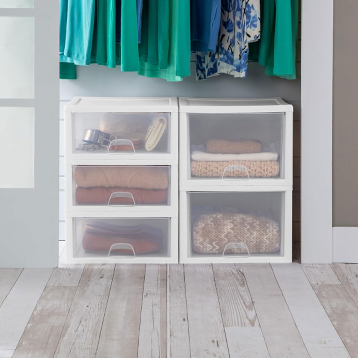 Sterilite 4-Pack Stacking Drawer, Clear Storage Organizer Containers, 27 Quart, White Frame - Stackable and Modular Plastic Drawers for Shoes, Clothes, Accessories, Supplies, Bedding, and Linens
