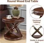 Round End Table 22 Inch with Solid Wood Veneer, Vintage Small Side Tables with Round Base, X-Design Accent Table Decor for Living Room/Small Space/Bedroom, Walnut