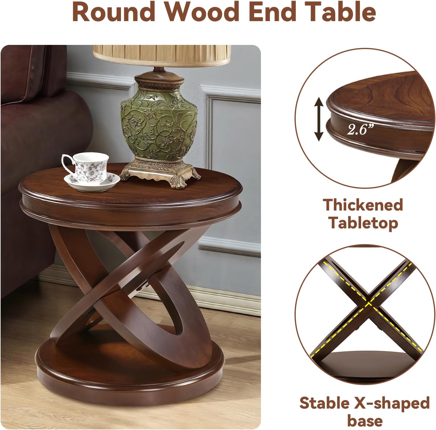 Round End Table 22 Inch with Solid Wood Veneer, Vintage Small Side Tables with Round Base, X-Design Accent Table Decor for Living Room/Small Space/Bedroom, Walnut