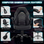 DUMOS Ergonomic Computer Gaming Chair - Home Office Desk with PU Leather Lumbar Support, Height Adjustable Big and Tall Video Game with Flip-up Armrest, Swivel Wheels for Adults, Black