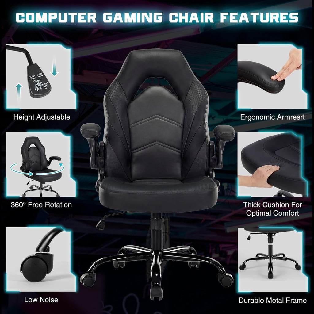 DUMOS Ergonomic Computer Gaming Chair - Home Office Desk with PU Leather Lumbar Support, Height Adjustable Big and Tall Video Game with Flip-up Armrest, Swivel Wheels for Adults, Black