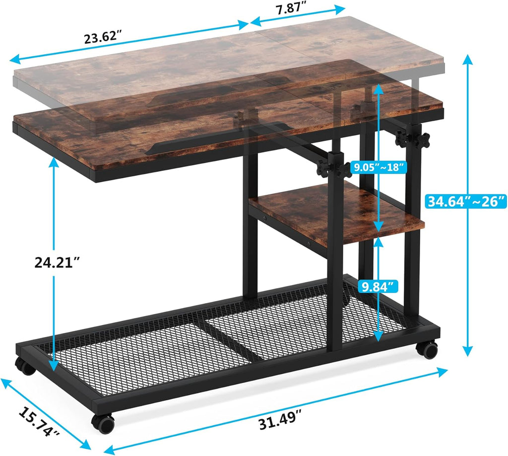 Tribesigns Adjustable Height Rolling C-Table, Mobile Side Table with Tiltable Top & Double Shelves, Vintage Brown C-Shaped End Table for Sofa, Bed, Living Room