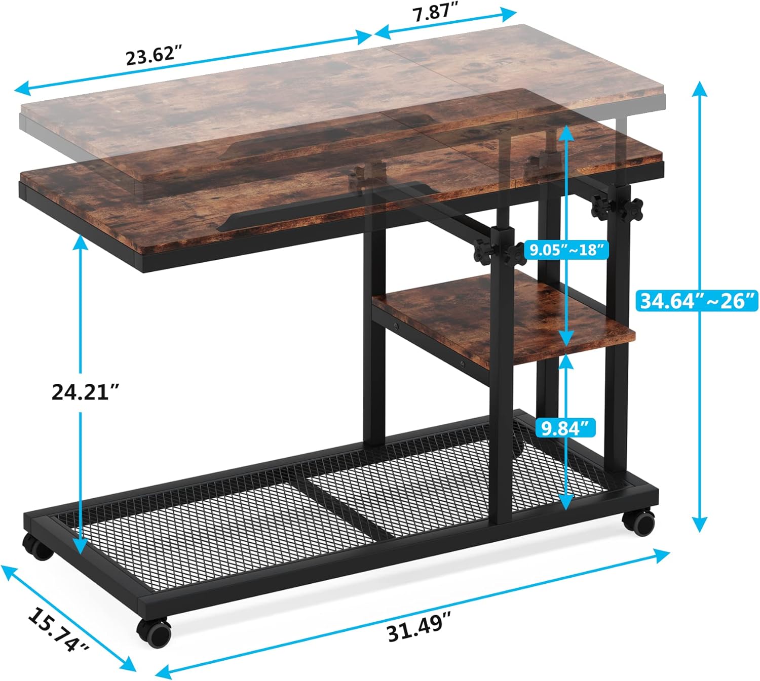 Tribesigns Adjustable Height Rolling C-Table, Mobile Side Table with Tiltable Top & Double Shelves, Vintage Brown C-Shaped End Table for Sofa, Bed, Living Room
