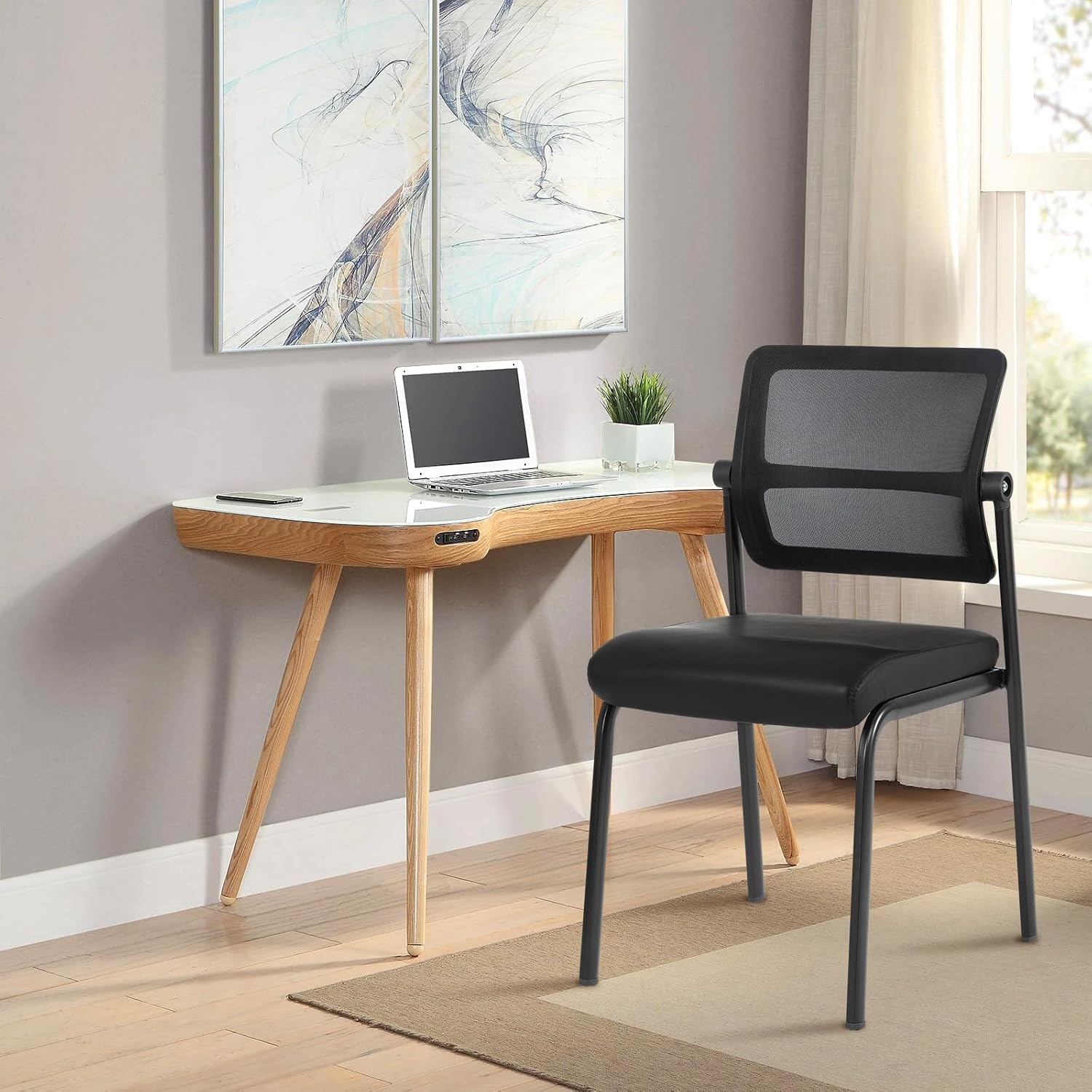 CLATINA Stackable Waiting Room Chair with Adjustable Mesh Backrest, Armless Office Guest Reception Chairs with Leather Cushion and Ergonomic Lumbar Support for Conference Lobby Side School, Black