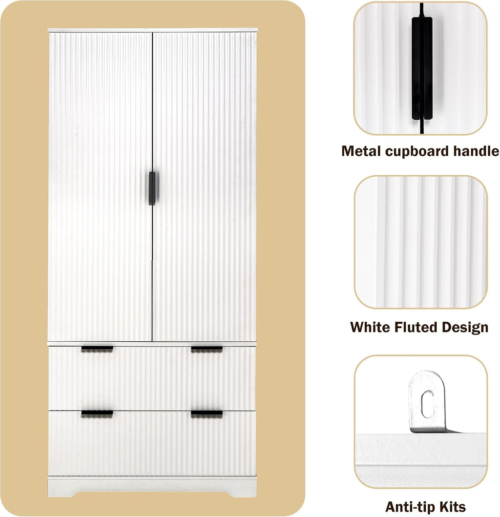 Polibi 72" Freestanding Fluted Kitchen Pantry Cabinet with 2 Large Drawers & 8-Door Spice Rack, Storage Organizer for Dining Room, Office, Entryway, or Hallway (White)