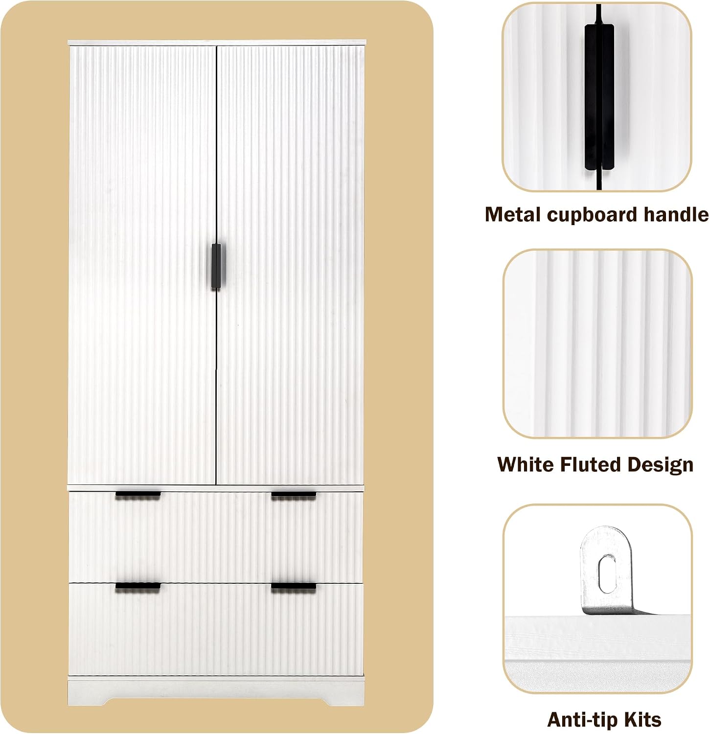 Fluted Kitchen Pantry Cabinet with Drawers,White Food Pantry Cabinet,Freestanding Kitchen Cupboard with 8-Door Spice Rack