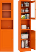 67" Tall Metal Pantry Cabinet with Microwave Stand,Microwave Storage Cabinet with 2 Doors & 3 Adjustable Shelves for Kitchen (2 Glass Doors-Orange, 11.81" D x 15.75" W x 66.93" H)