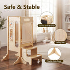 OLAKIDS Toddler Tower Foldable, 4-in-1 Wooden Standing Tower with 2 Step Stool, Chalkboard, Montessori Activity Games Safety Net, Kitchen Stool Helper for Kids 3+ Years