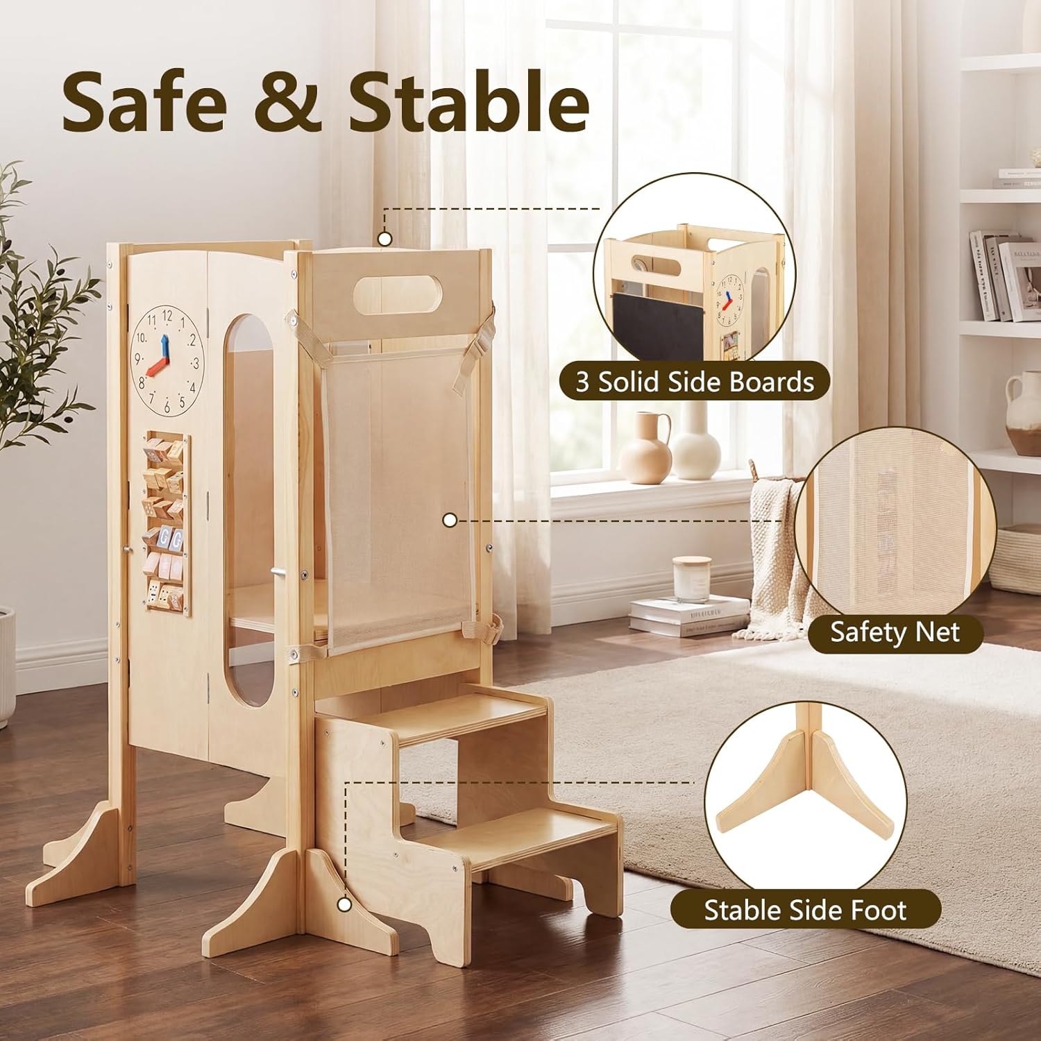 OLAKIDS Toddler Tower Foldable, 4-in-1 Wooden Standing Tower with 2 Step Stool, Chalkboard, Montessori Activity Games Safety Net, Kitchen Stool Helper for Kids 3+ Years