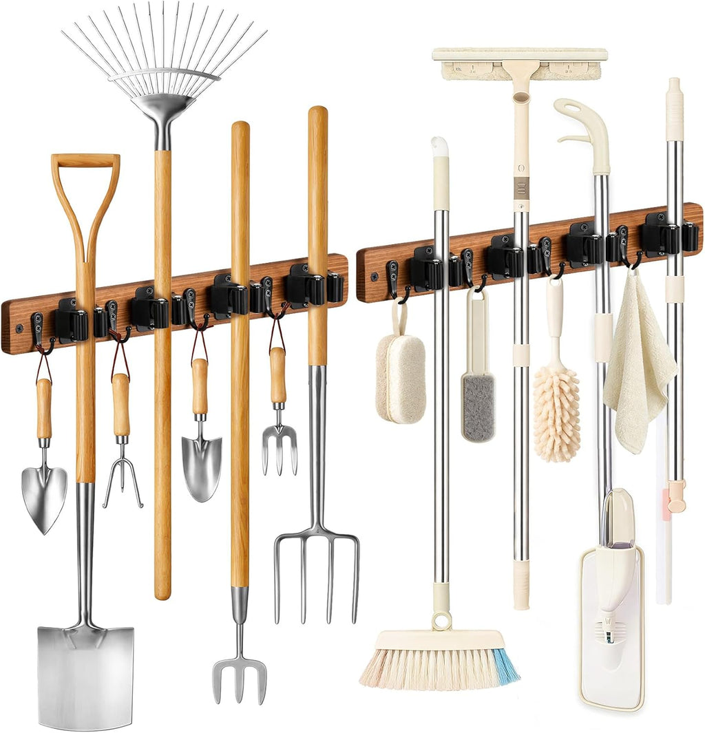 Lorbro 2 Pack Broom Holder Wall Mount, Wooden Broom and Mop Organizer Wall Hanging, Mop Hanger Rack with 4 Slots & 4 Hooks, Tool Organizer for Laundry Room, Closet, Garage, Kitchen