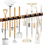 Lorbro 2 Pack Broom Holder Wall Mount, Wooden Broom and Mop Organizer Wall Hanging, Mop Hanger Rack with 4 Slots & 4 Hooks, Tool Organizer for Laundry Room, Closet, Garage, Kitchen