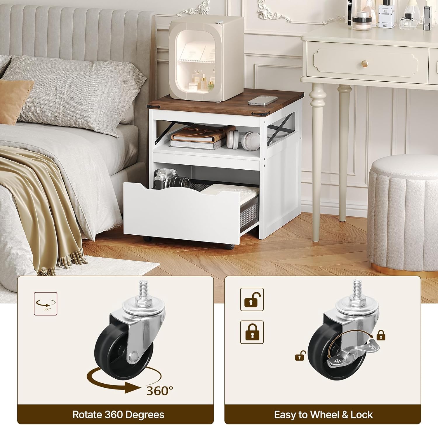 YATINEY Mini Fridge Stand with Storage, Refrigerator Stand with Mobile Drawer, Mini Fridge Cabinet for Heavy Microwave Stand, Mini Fridge Cart for Dorm, Bedroom, Kitchen,White and Walnut HB50WH