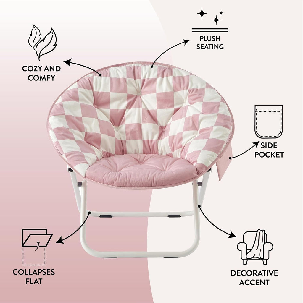 Urban Lifestyle Printed Back Micromink Saucer™ Chair with White Legs and Side Storage Pocket, Pink and White Check