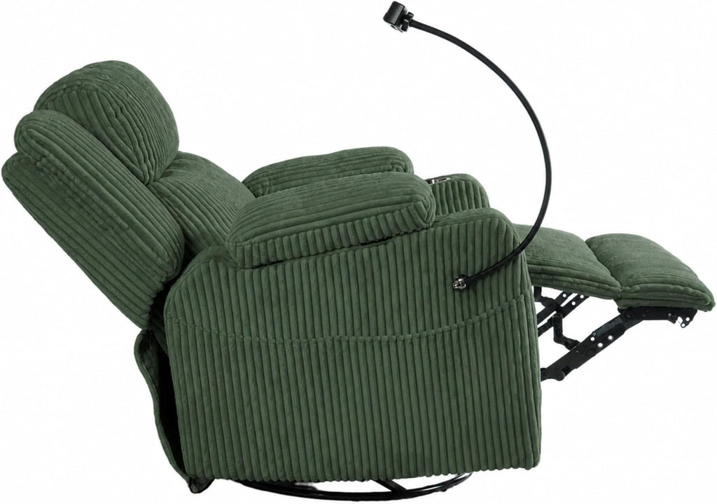 ERYE Power Reclining Chair Corduroy Upholstered Nursery Armchair,Glider Rocker Swivel Recliner W/Vibration Heat,USB-C Ports,Cupholder,Hidden Storage & Adjustable Headrest