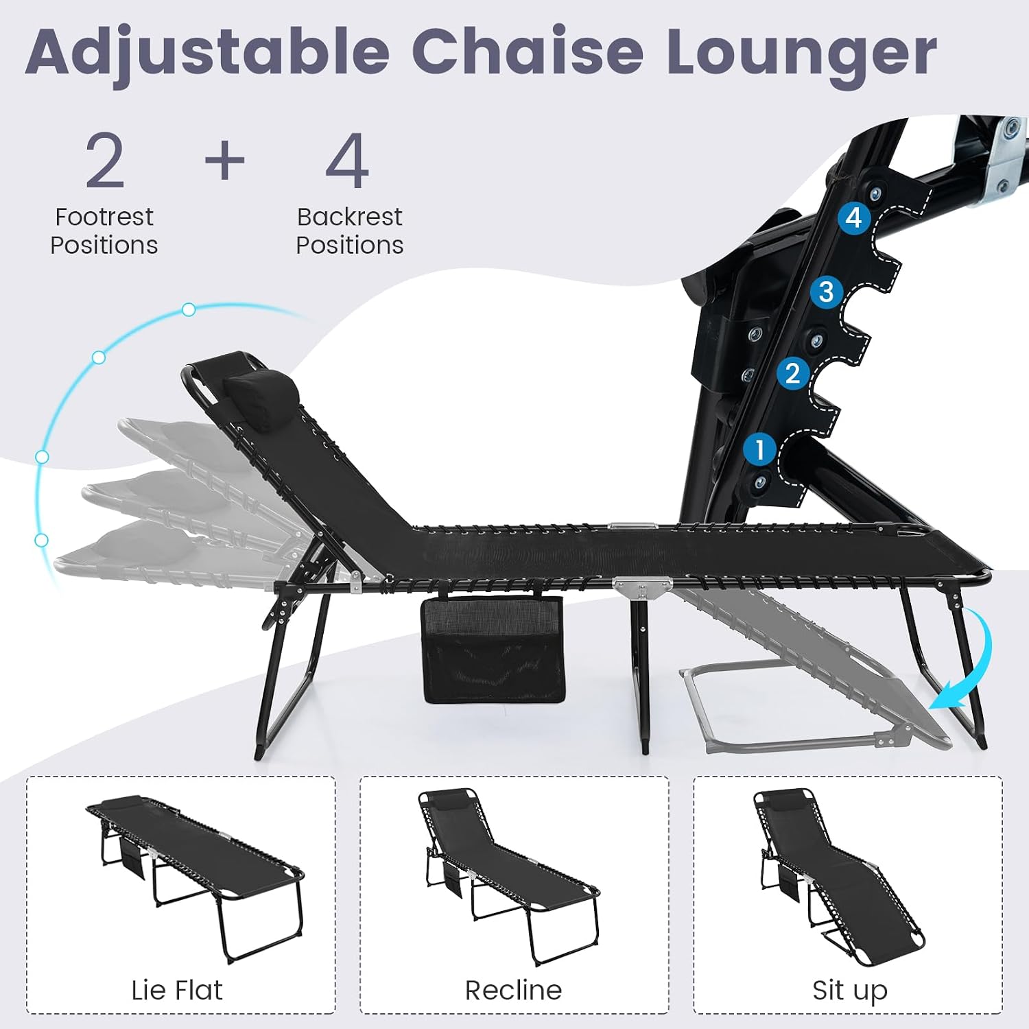 Tangkula Beach Lounge Chair for Outside, Folding Chaise Lounge Outdoor with 4-Position Backrest, Removable Headrest and Side Pocket, Portable Sunbathing Tanning Chair for Patio, Poolside (1, Black)
