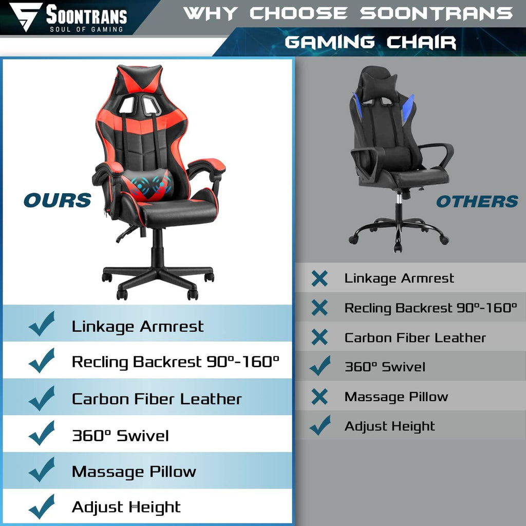 Soontrans Red Gaming Chair,Ergonomic Gamer Chair,Racing Game Chair,PC Computer Chair with High-Back,Adjustable Headrest and Lumbar Support