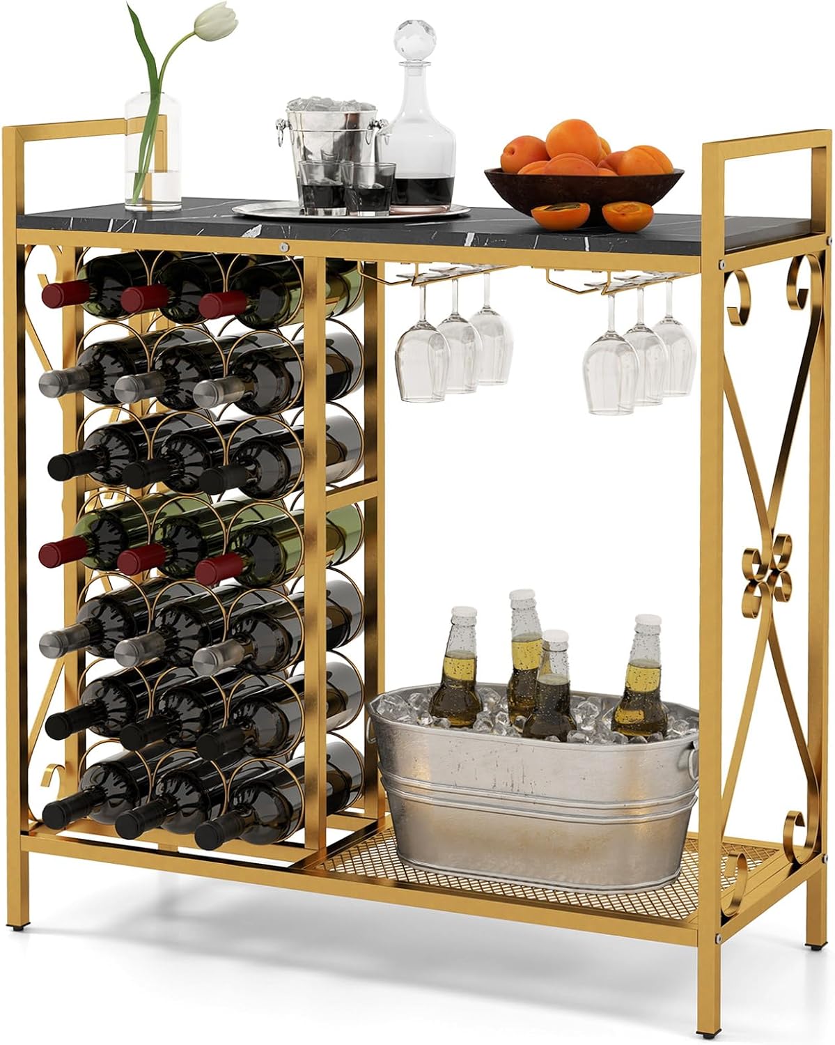 Giantex 21-Bottle Wine Rack Freestanding Floor, Wine Bar Table with 6-Glass Wine Glass Holder, Industrial Wine Display Storage Shelf, Liquor Coffee Bar Cabinet for Home, Dining Room (Gold+Black)