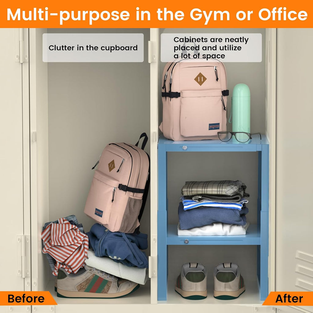 LIDTOP Locker Shelf Blue, Adjustable Width and Height, Metal Locker Organizer Shelf School, Stackable Locker Storage Organization, Ideal Locker Fits Standard Size School, Office, and Gym Lockers