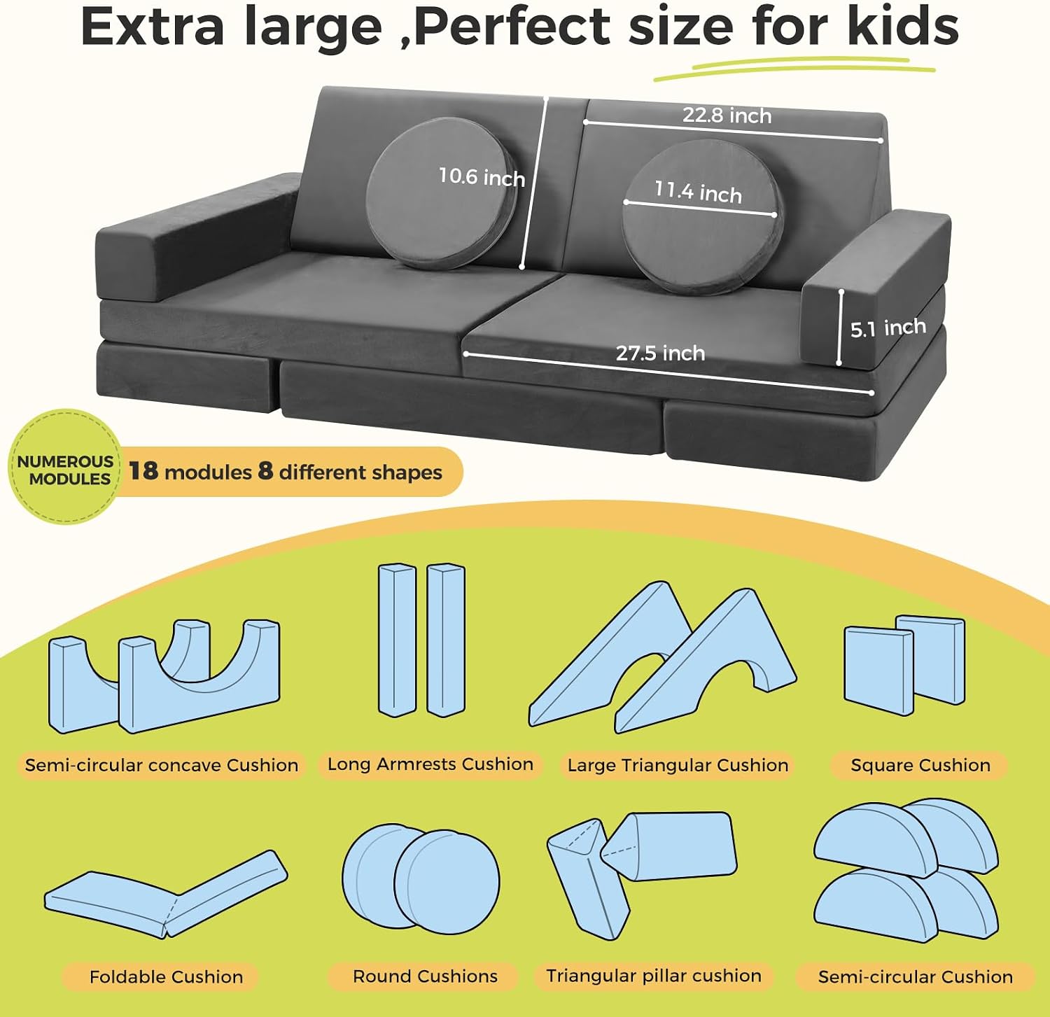 Modular Kids Play Couch 18pcs Toddler Floor Sofa, Sectional Couch for Children Bedroom and Playroom Furniture for Playing, Creativing, Convertible Foam and Floor Cushion for Boys and Girls