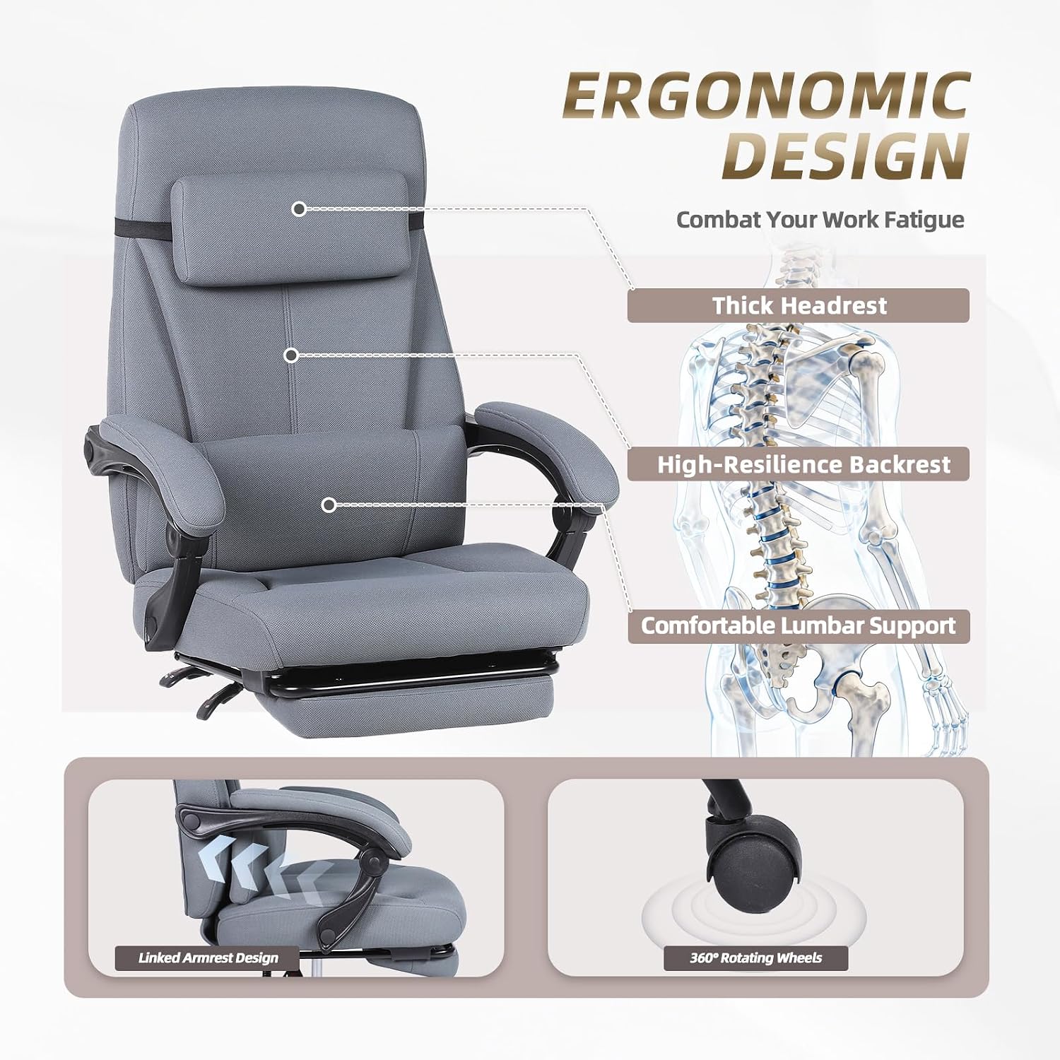 Linen Fabric Gaming Chair with Footrest, Ergonomic Computer Chair with Headrest and Lumbar Support, Height Adjustable 360° Swivel Reclining Chair with Backrest 90° -120° -155° (Grey)
