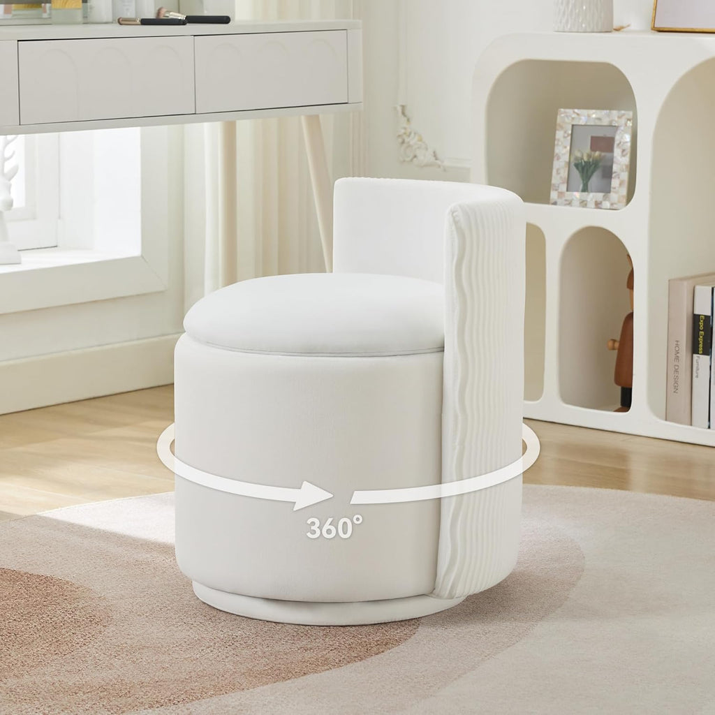 WUTUTUEE Velvet Vanity Chair with Storage, 360° Swivel Makeup Chair with Wave Back, No Assembly Small Accent Stool for Bedroom, Dressing, Living Room, White