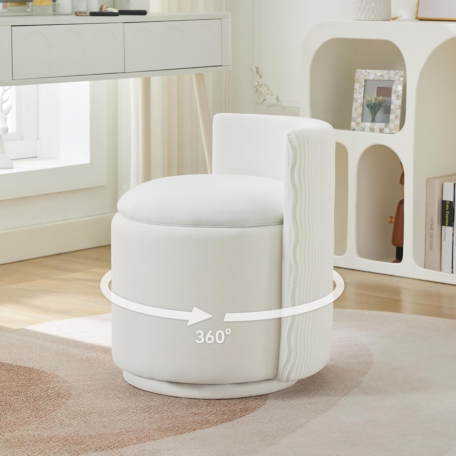 WUTUTUEE Velvet Vanity Chair with Storage, 360° Swivel Makeup Chair with Wave Back, No Assembly Small Accent Stool for Bedroom, Dressing, Living Room, White