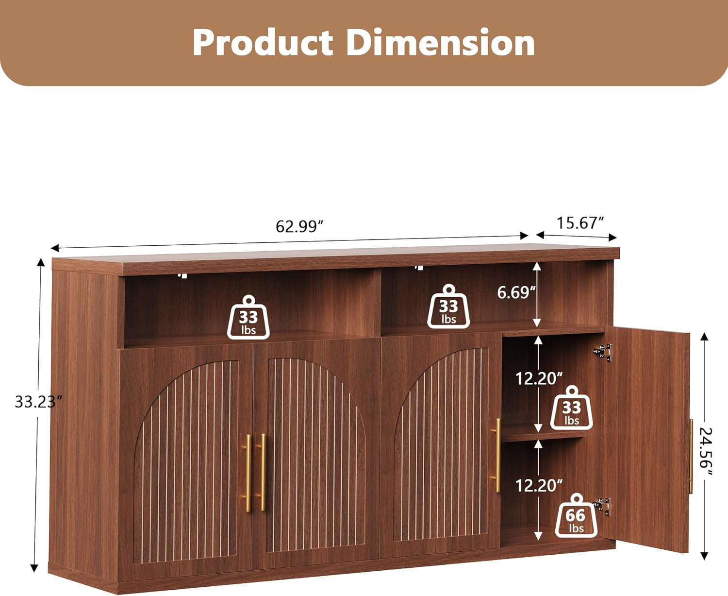 Fluted Buffet Cabinet with Storage, 63" Wide Wood Sideboard Credenza with 4 Doors & Open Storage Shelf, Modern Kitchen Entryway Accent Table for Dining Room Living Room, Kitchen, Hallway, Walnut